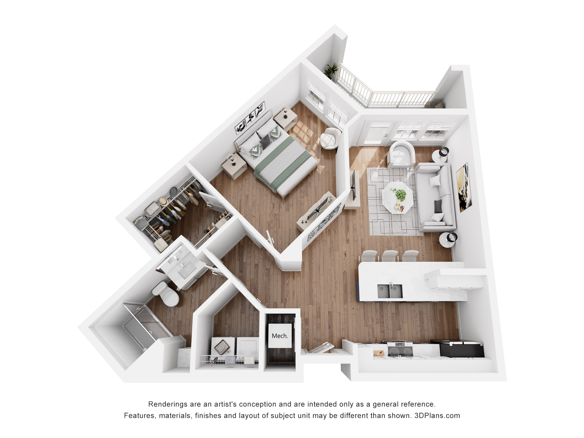 Floor plan for 1 bed, 1 bath, 757 sqft